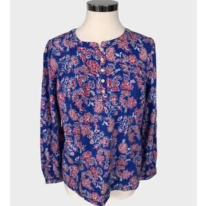 LOFT Medium Womens Blouse Blue Red Pink Floral Cotton Rayon Blend